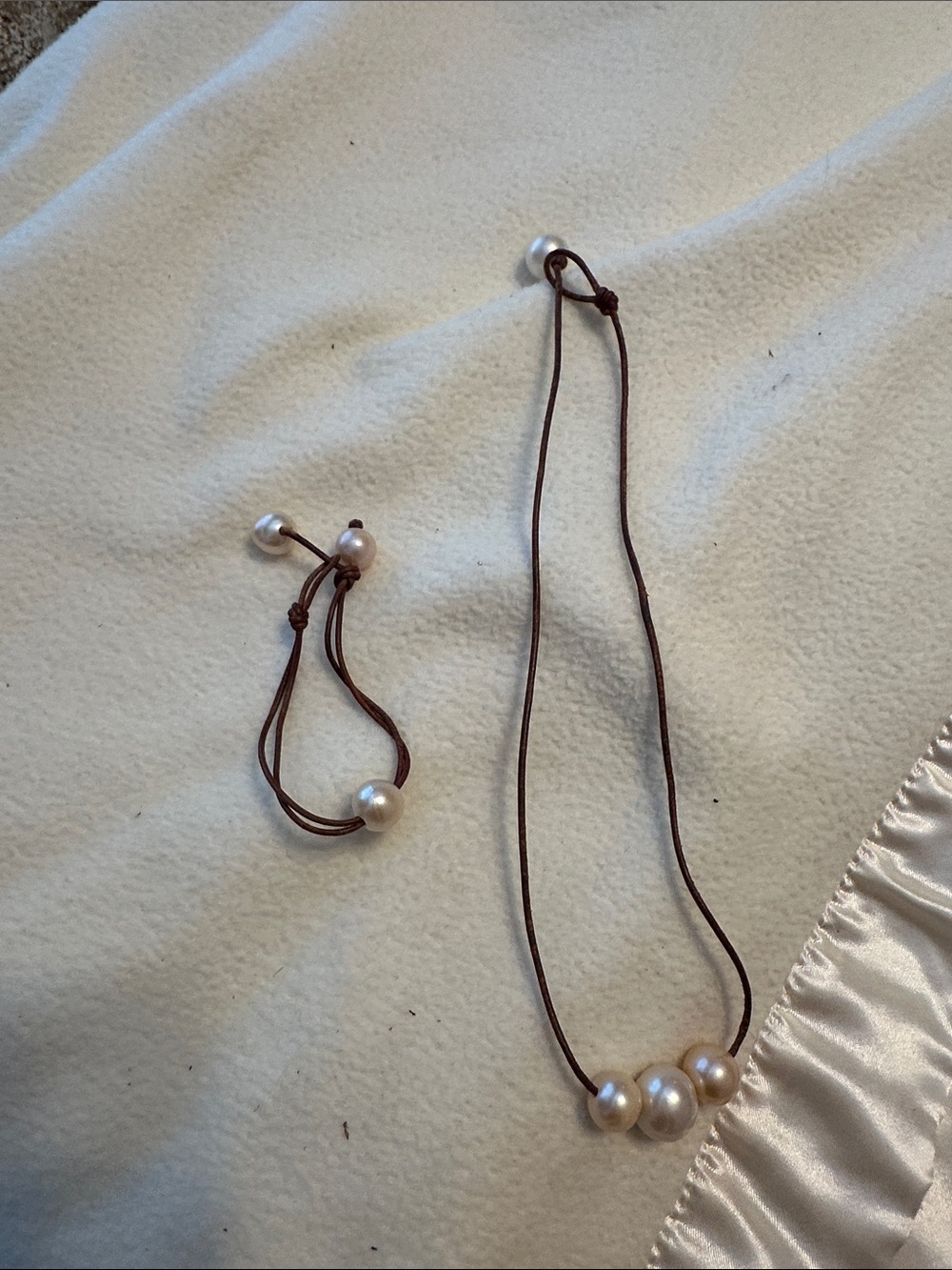 Pearl Accent Brown Cord Necklace and Bracelet Set